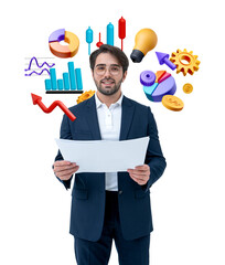 Poster - Businessman holding documents with colorful financial charts, diagrams, and symbols on clean white background. Concept of analysis