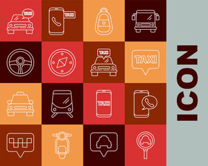 Poster - Set line Magnifying glass and taxi car, Taxi call telephone service, Map pointer with, Car key remote, Compass, Steering wheel, and icon. Vector