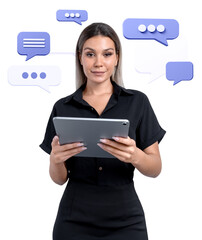 Poster - Woman inoutfit holding a tablet, surrounded by blue and white speech bubbles. Isolated on white background, concept of communication