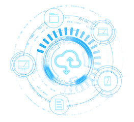 Poster - Cloud computing concept with blue icons for data sharing, computers, and devices, depicted in a futuristic circular layout on isolated white background. 3D Rendering.