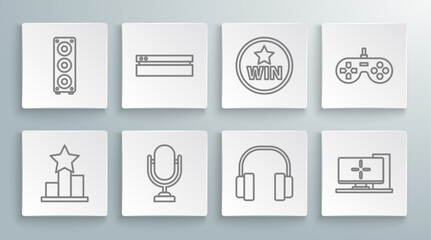 Poster - Set line Star, Video game console, Microphone, Headphones, Computer monitor, Medal, Gamepad and Stereo speaker icon. Vector