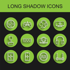 Poster - Set line Tablet, Smartphone and playing in game, Gamepad, Ar, augmented reality, Router wi-fi signal, Like heart, Headphones and Create account screen icon. Vector