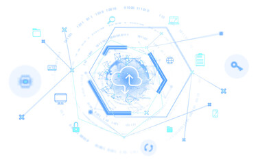 Fototapete - Abstract cloud computing illustration with icons and binary code in blue tones, geometric design, white background. Concept of digital storage. 3D Rendering.