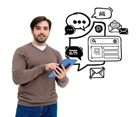 Poster - Man holding a tablet, wearing casual clothes, with drawn communication icons above. Isolated on white background. Concept of technology and interaction