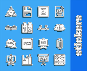 Poster - Set line Square root, Graph, schedule, chart, diagram, Geometric figure, Mathematics function cosine, Mobile calculator interface, Chalkboard and Test exam sheet icon. Vector