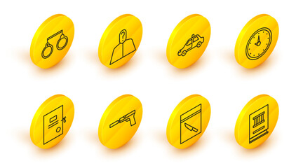 Poster - Set line Law book, Evidence bag and knife, Pistol or gun with silencer, Lawsuit paper, Clock, Police car flasher, Anonymous question mark and Handcuffs icon. Vector