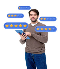 Poster - Smiling man holding a tablet surrounded by floating blue star rating icons, isolated on white background. Concept of online reviews and feedback