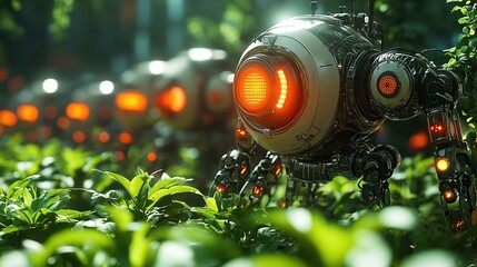 Poster - Futuristic robots tend to lush greenery in a vibrant environment.