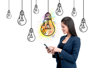Poster - Businesswoman in blue blazer using a smartphone, surrounded by lightbulb line art and a vibrant watercolor design. Concept of ideas and creativity