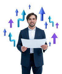 Poster - Businessman in formal attire holding documents, surrounded by blue and purple upward arrows, isolated on white background, concept of growth