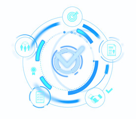 Poster - Digital infographic featuring a blue circular design with icons such as a target, handshake, and certificate on a white background, concept of success. 3D Rendering.