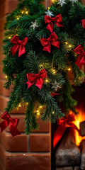 Aufkleber - A chritams border features lush evergreen branches adorned with red bows,
