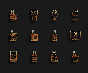 Wall Mural - Set line Beer can, Whiskey bottle, and glass, Bottle of vodka with, Champagne in ice bucket, beer, Alcohol or bar location and icon. Vector