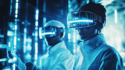 Poster - Futuristic individuals using virtual reality headsets in a tech environment.