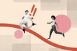 © deagreez - Creative photo collage young woman man colleagues coworkers go step walk ambition inspiration motivation competition exclamation mark