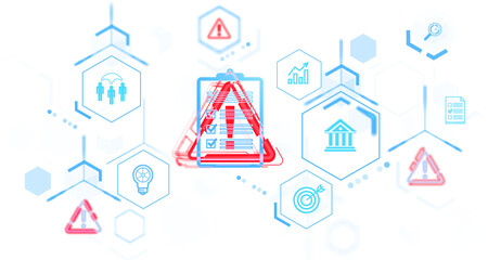 Poster - warning signs and checklist illustrations on a white background, with blue and red tones. depicting 