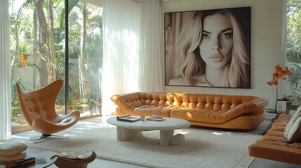 Poster - A stylish living room with modern furniture and a large portrait on the wall.