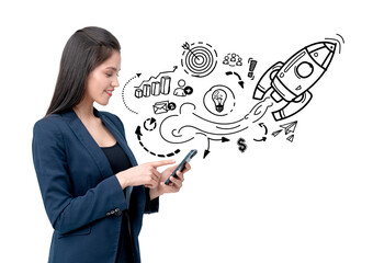 Poster - Woman holding smartphone, smiling, with hand-drawn startup concept sketches including rocket and icons, isolated on white background