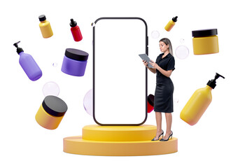 Poster - Woman holding a tablet near a large blank smartphone screen mockup surrounded by colorful cosmetic products on a white background. Concept of digital marketing