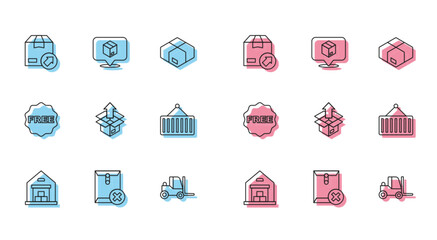 Poster - Set line Warehouse, Delete envelope, Carton cardboard box, Forklift truck, Unboxing, Container crane, rice tag with Free and Location icon. Vector