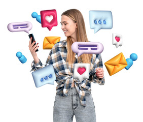 Poster - Woman holding smartphone, surrounded by colorful social media icons, isolated on a white background. Concept of digital interaction and communication