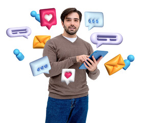 Poster - Man holding tablet, colorful message icons floating, isolated on white background. Concept of communication, social media, digital interaction