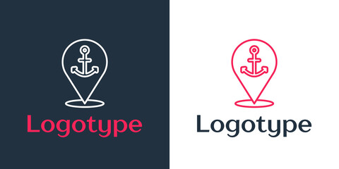 Poster - Logotype line Map pointer with anchor icon isolated on white background. Logo design template element. Vector