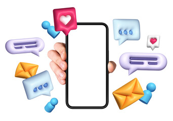 Poster - Hand holding a smartphone with a blank screen surrounded by chat bubbles, icons, and envelopes on a white background. Concept of communication