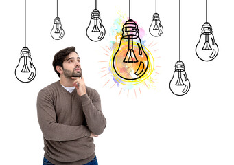 Poster - Man in thoughtful pose with multiple lightbulb sketches, including a colorful one, on white background. Concept of creativity, innovation, and ideas