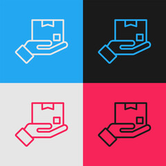 Poster - Pop art line Delivery hand with cardboard boxes icon isolated on color background. Door to door delivery by courier. Vector