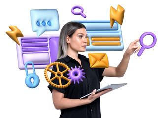 Poster - A woman holding a tablet interacts with vibrant 3D icons, including gears, chat bubbles, and search symbols, on an isolated white background. Concept of digital technology