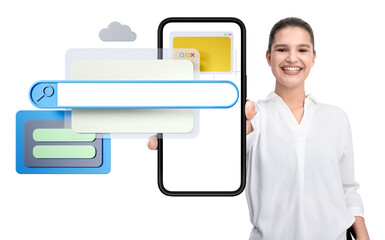 Poster - Smiling woman holding smartphone with search bar, cloud, and interface elements, isolated on white background. Concept of online search