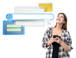 Poster - Smiling woman holding smartphone, surrounded by colorful digital interface elements including a search bar and cursor. Isolated white background