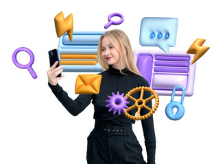 Poster - A woman holding a smartphone, surrounded by 3D icons like chat bubbles, gears, lightning bolts, and locks, on a white background, symbolizing technology
