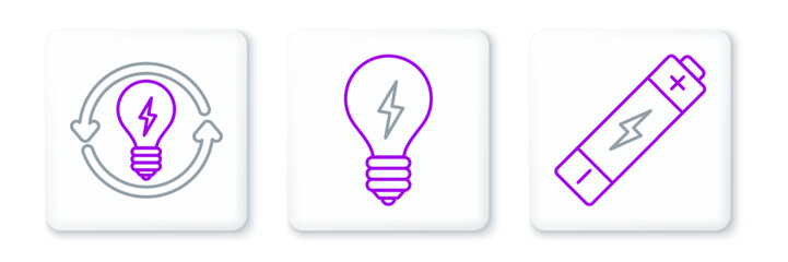 Poster - set line battery, recycle and light bulb with lightning symbol and light icon. vector