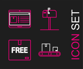 Poster - Set line Conveyor belt with cardboard box, Cardboard free symbol, Open mail and Laptop app delivery tracking icon. Vector