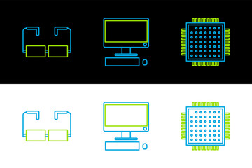 Poster - set line processor, glasses and computer monitor with keyboard and mouse icon. vector