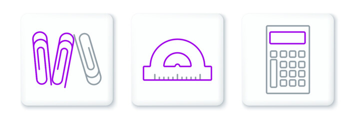 Poster - set line calculator, paper clip and protractor grid for measuring degrees icon. vector