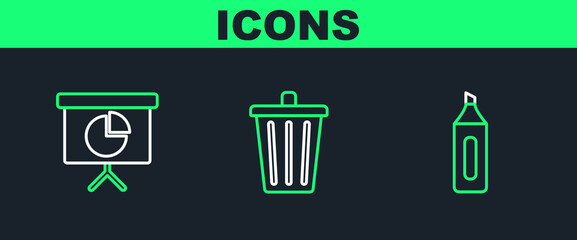 Poster - Set line Marker pen, Presentation financial board with graph, schedule, chart, diagram, infographic, pie graph and Trash can icon. Vector