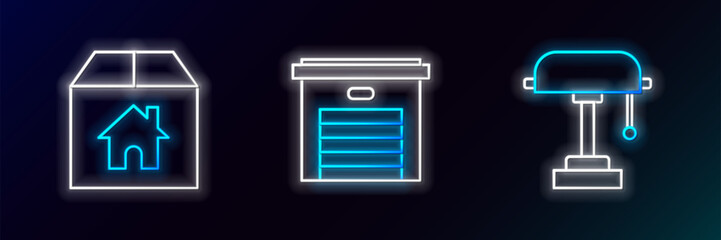 Poster - Set line Table lamp, Cardboard box with house and Garage icon. Glowing neon. Vector