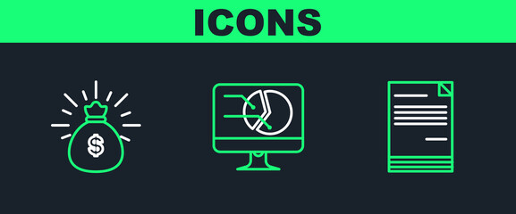 Poster - set line document, money bag and computer monitor with graph chart icon. vector