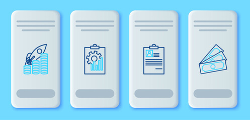Poster - set line clipboard with graph chart, resume, rocket flying up on coins growth and stacks paper money