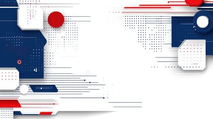 Poster - Abstract tech background with red, white, and blue geometric shapes and lines on a white background.
