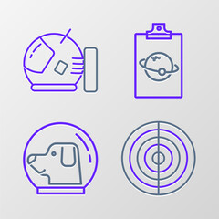 Poster - Set line Earth structure, Dog in astronaut helmet, Planet and Astronaut icon. Vector
