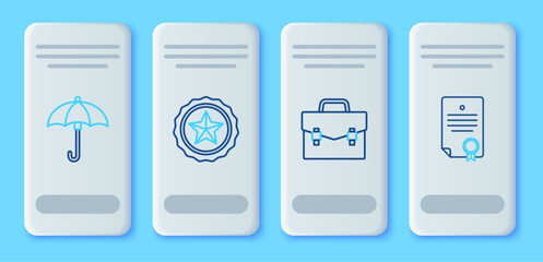 Poster - Set line Police badge, Briefcase, Umbrella and Certificate template icon. Vector