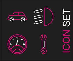 Poster - Set line Wrench, Speedometer, High beam and Car icon. Vector