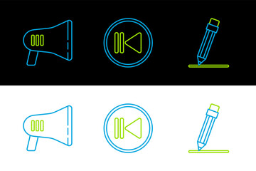 Poster - Set line Pencil with eraser, Megaphone and Rewind icon. Vector