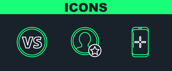 Poster - set line smartphone and playing in game, vs versus battle and premium create account screen icon. ve