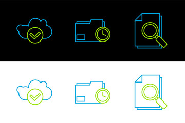 Poster - Set line Document with search, Cloud check mark and folder clock icon. Vector