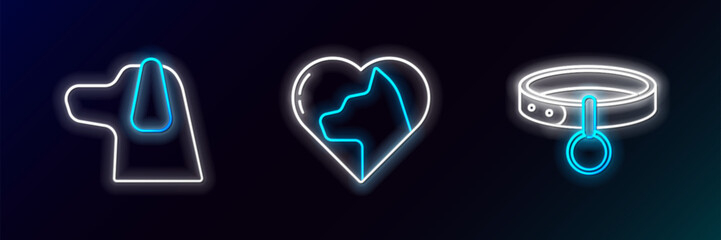 Poster - set line collar with name tag, dog and heart cat icon. glowing neon. vector